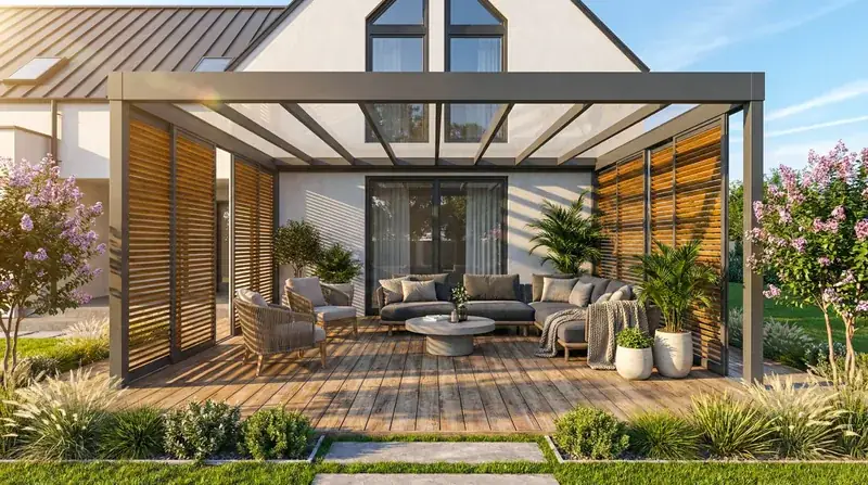 Pergola mit Holz und Pflanzung